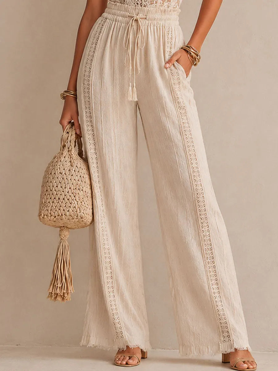 Boho Beige Lace Halter Drawstring Waist Wide-Leg Jumpsuit With Frayed Hem