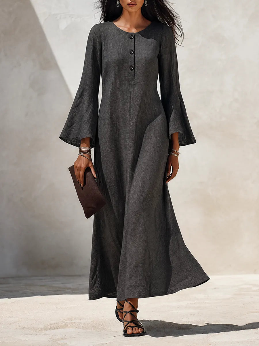 Women's Minimalist Solid‑Dark‑Grey Linen‑Blend Flared‑Sleeve Maxi Dress MDZ1593G8ZRK