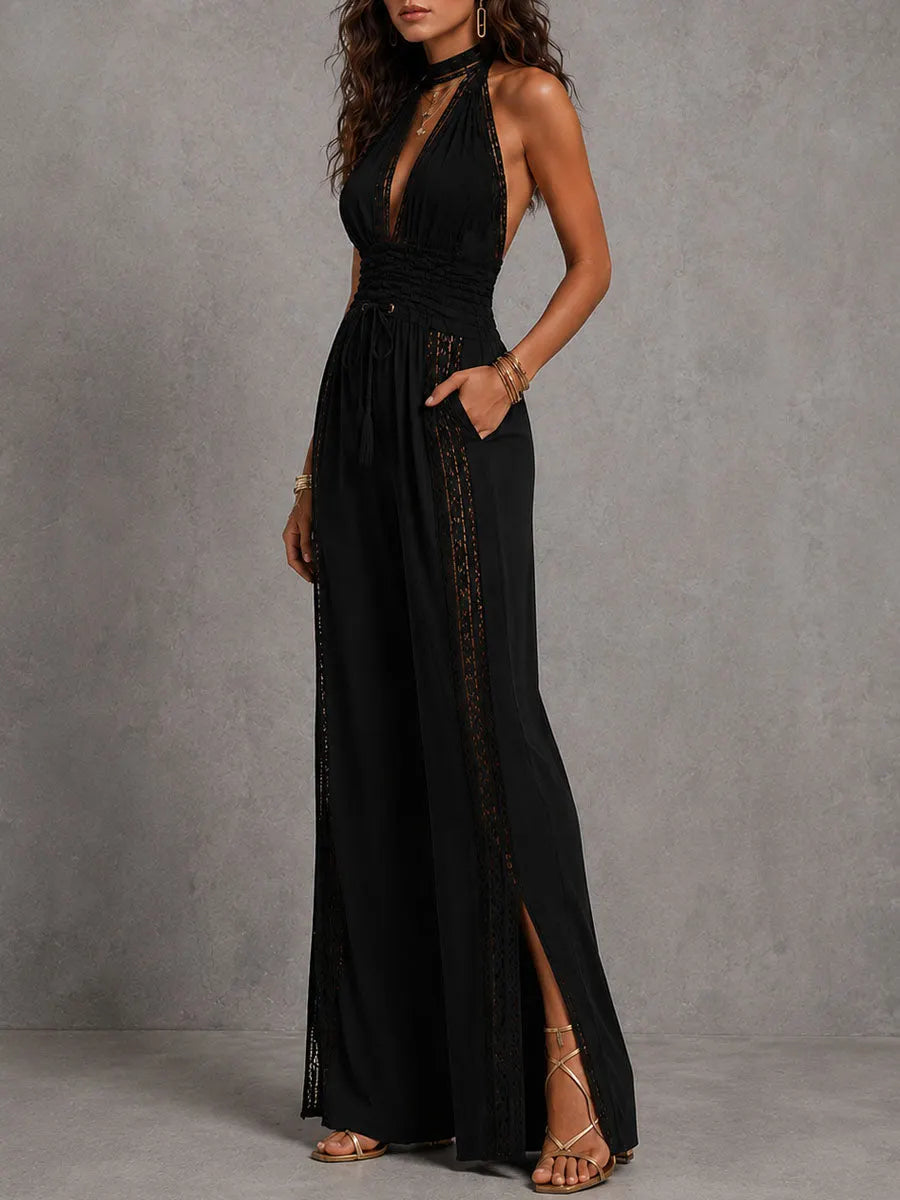 Boho Black Halter Deep V Smocked Waist Lace Wide-Leg One-Piece Jumpsuit