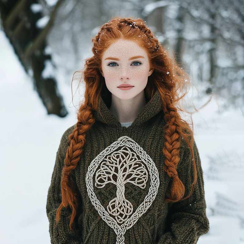 Vintage Viking Tribal Tree Of Life  Jacquard Celtic Knit Hooded Sweater