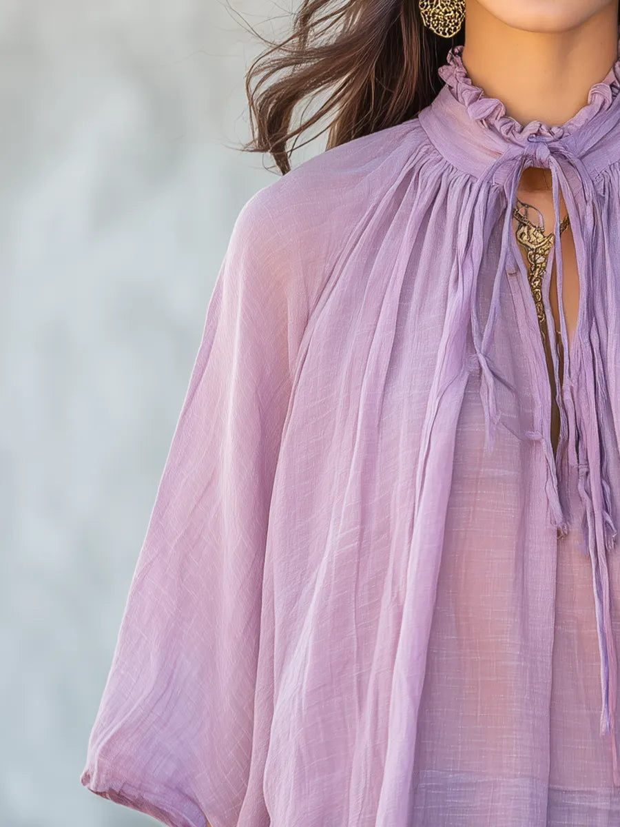 Graceful Lavender Tie Neck Oversized Blouse