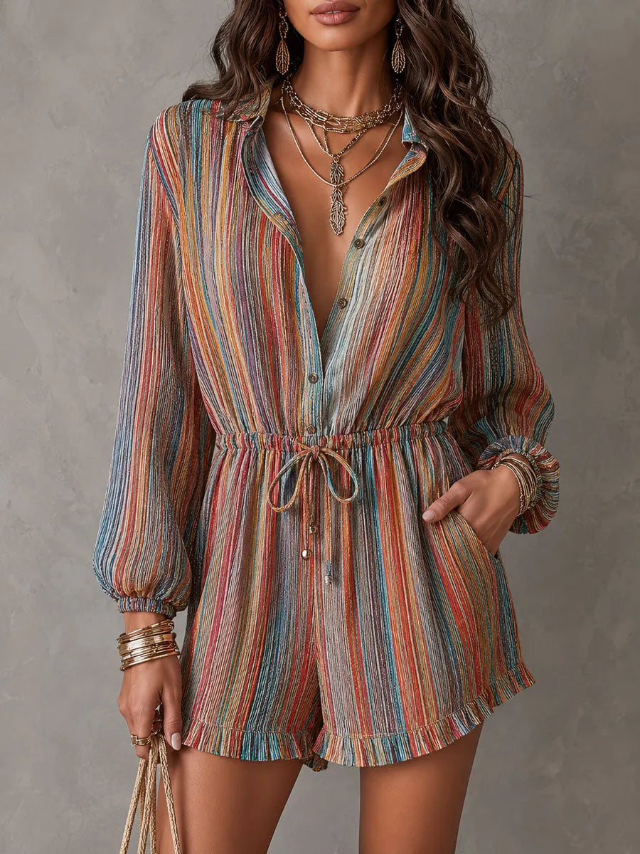 Boho Rainbow Stripe Cotton Linen Blend Drawstring Waist Romper