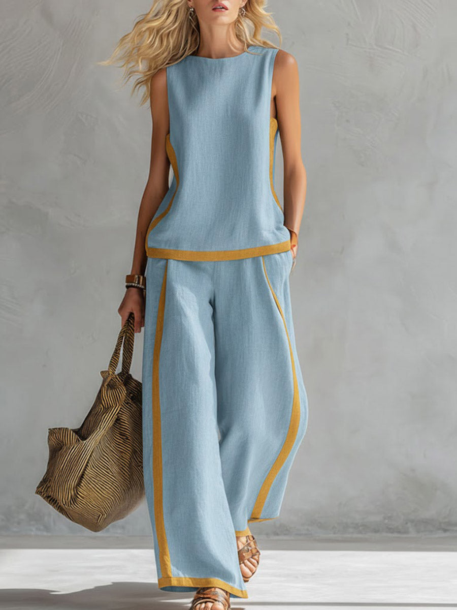 Round Neck Sleeveless Casual Loose Top And High-waisted Wide-leg Pants Set