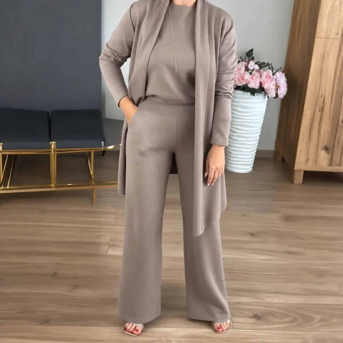 Vivelyn – Three-Piece Matching Set with Wide-Leg Pants and Open Cardigan