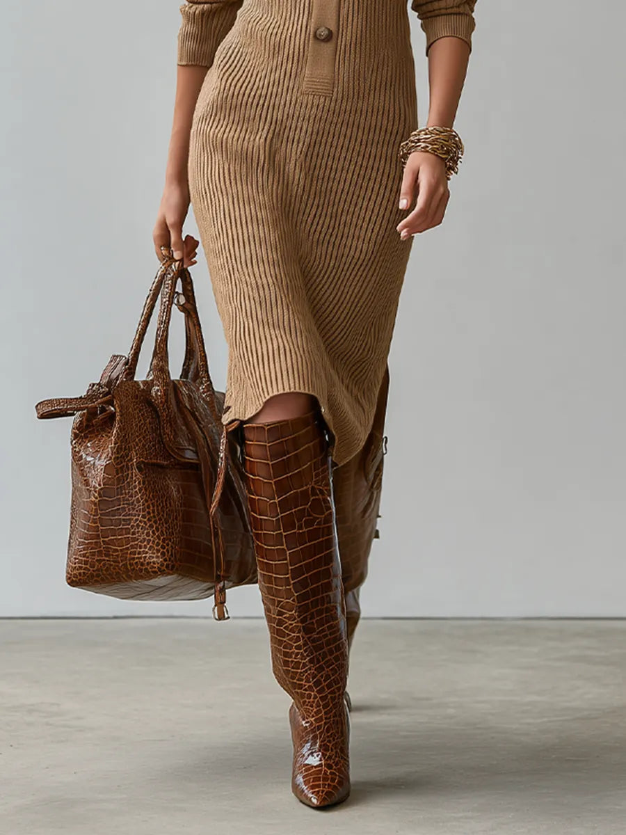 Urban Boho Collared Rib Knit Slit Midi Dress