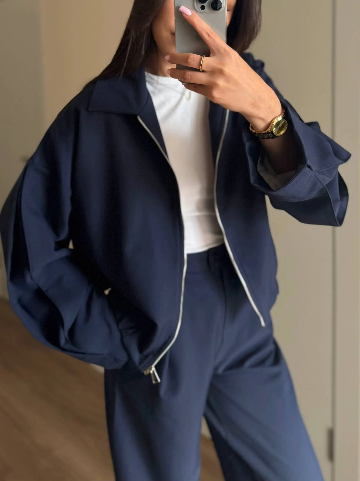 Zippered Jacket And Wide-leg Pants Two-piece Suit