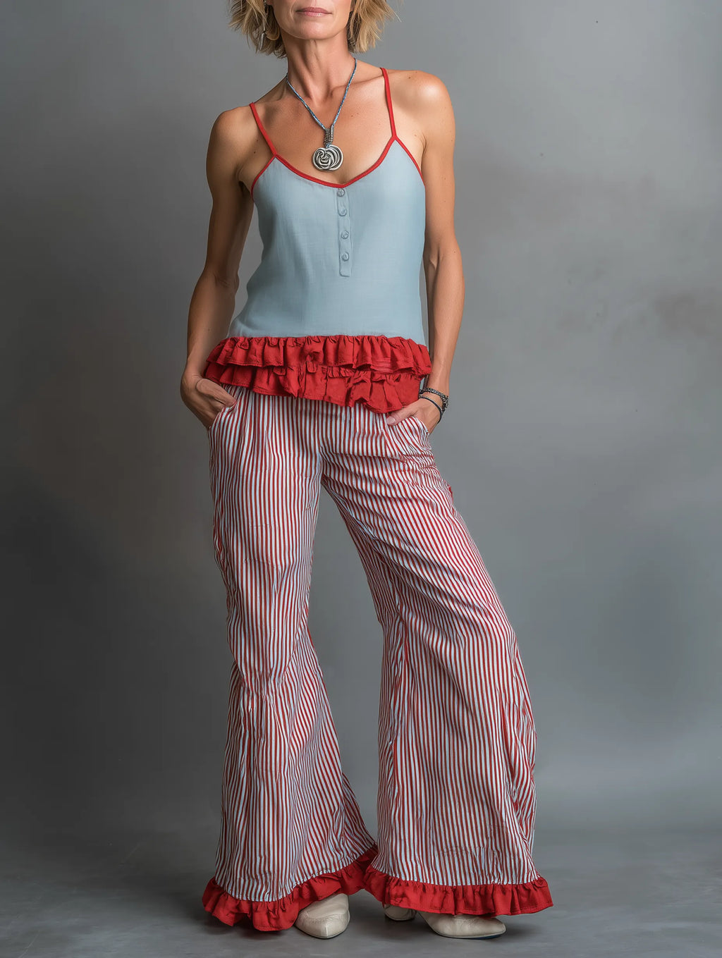 Women's Minimalist Camisole And Wide-leg Trousers Set With A Striped, Ruffled Hem MDZ3097F9WY