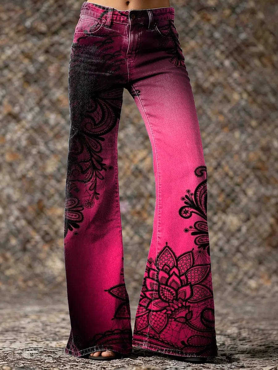 Women's Vintage Lace Floral Textured Art Print Casual Washed  Pants