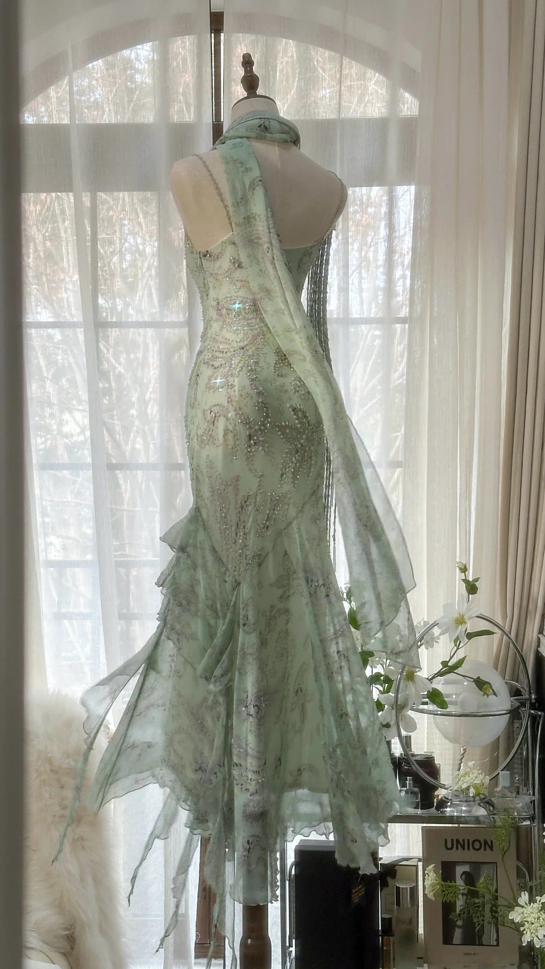 Mint Green Gorgeous Exquisite Beaded Long Chiffon Fairy Ball Gown Evening Dress Wedding Party Dress Prom Dress Graduation Date Dress 3989