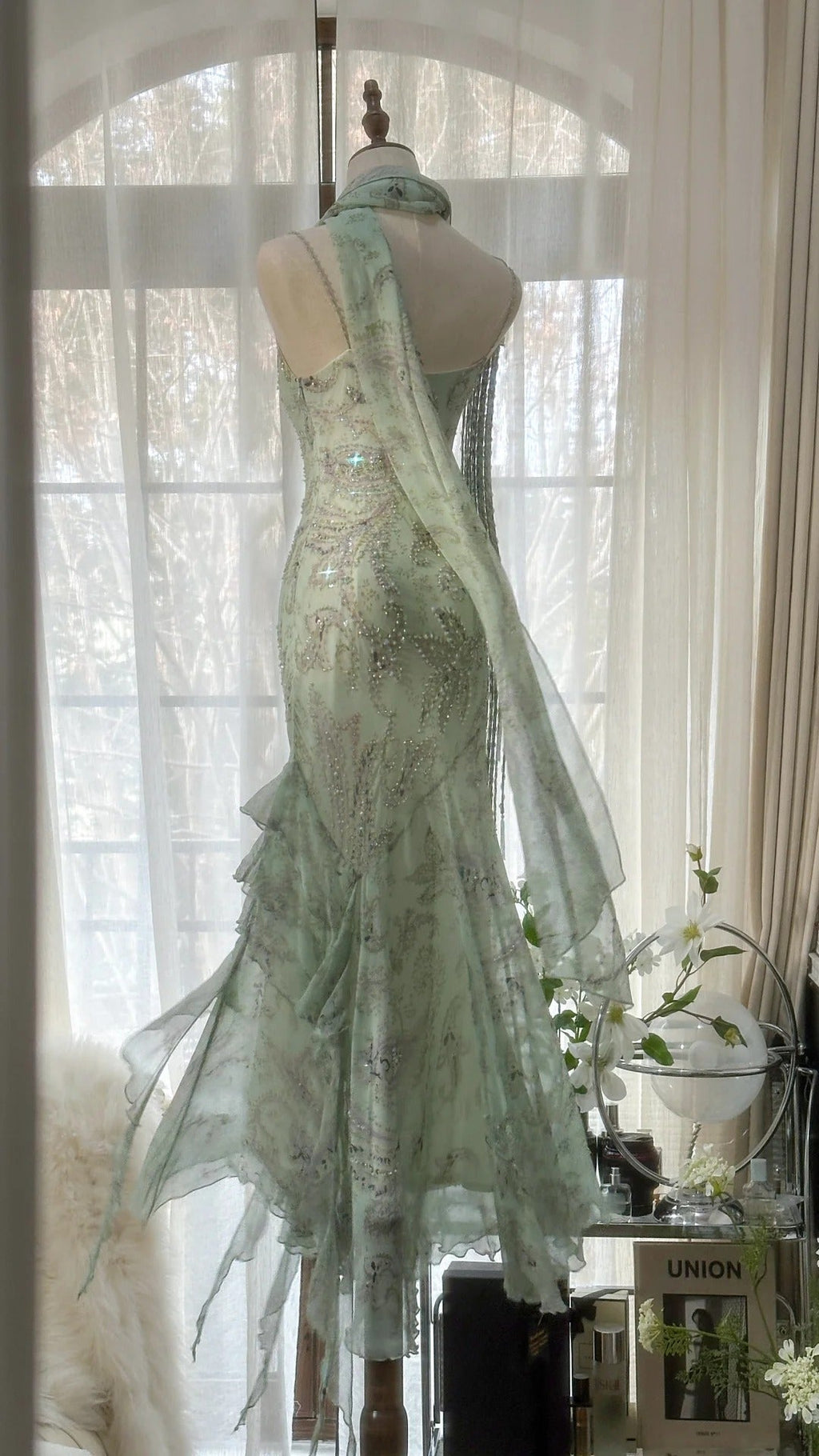 Mint Green Romantic Fashion Elegant Exquisite Beading Spaetti Straps Long Tulle Chiffon Ruffle Ball Gown Evening Dress Party Dress 4058