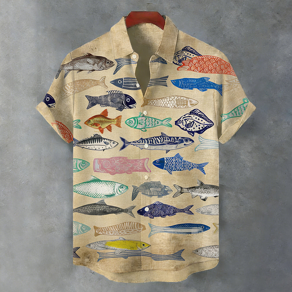 Colorful Fish Shoal Japanese Linen Short-sleeved Shirt