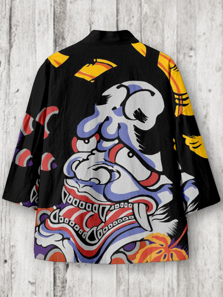 Vintage Japanese Demon Art Pattern Linen Kimono