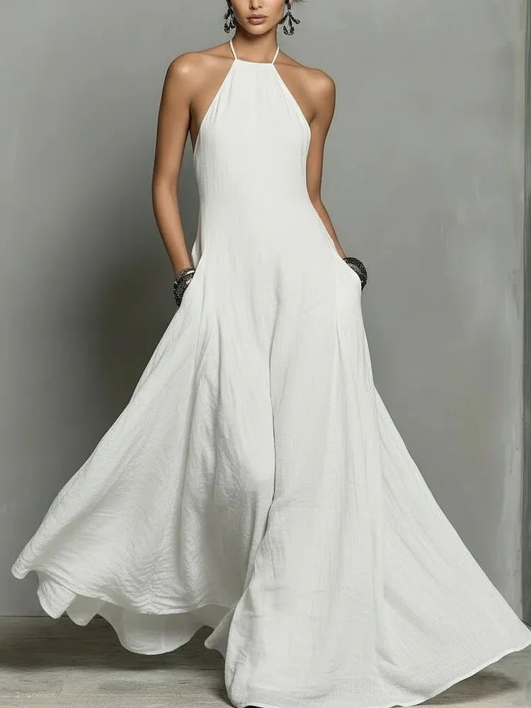 Black Minimalist Faux Linen Blend Backless Halter Neck Sleeveless Maxi Dress