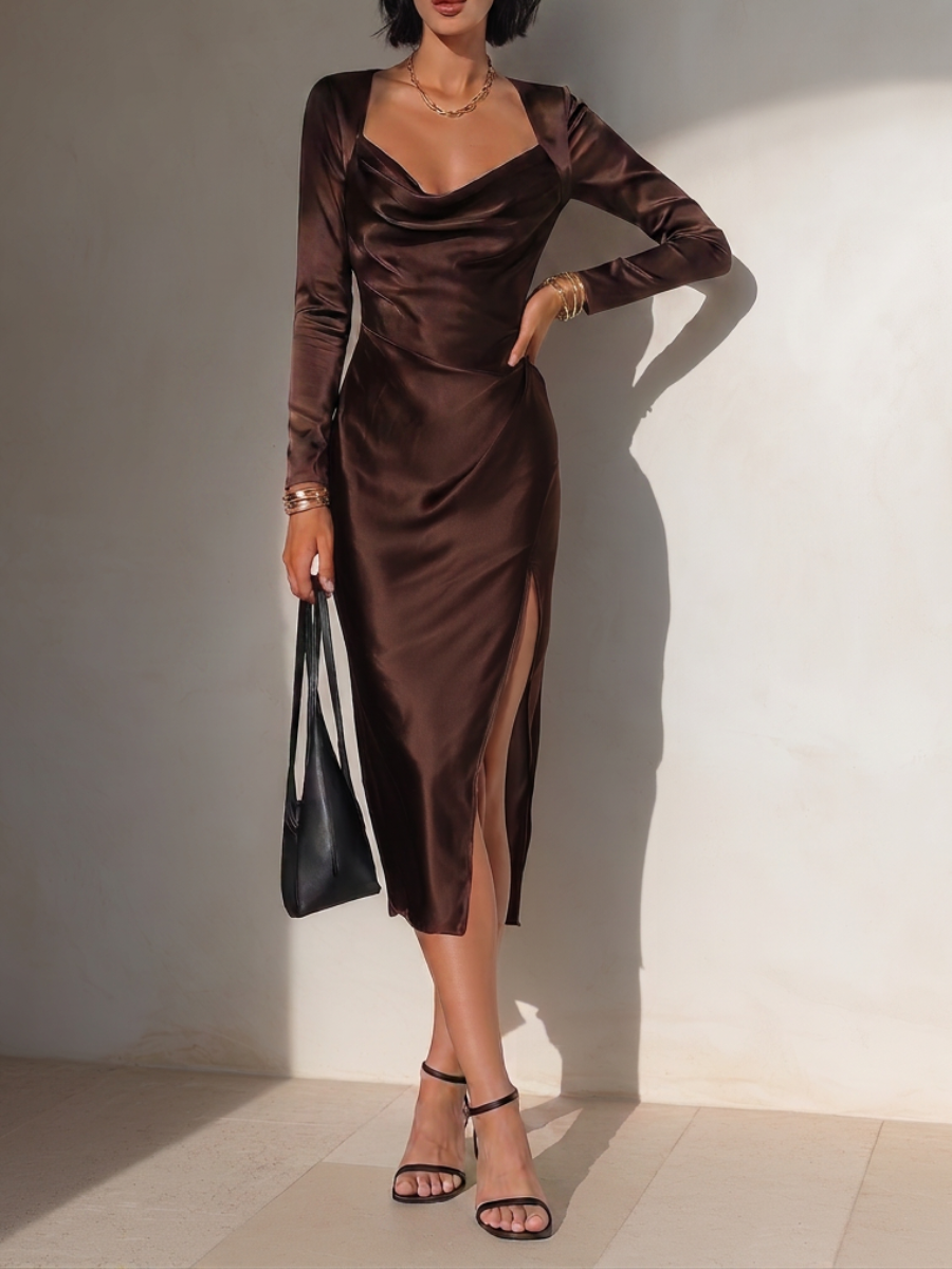 Women's Elegant Chocolate Brown Satin Cowl Neck Long Sleeve High Slit Bodycon Midi Dress MDZ0366G6O