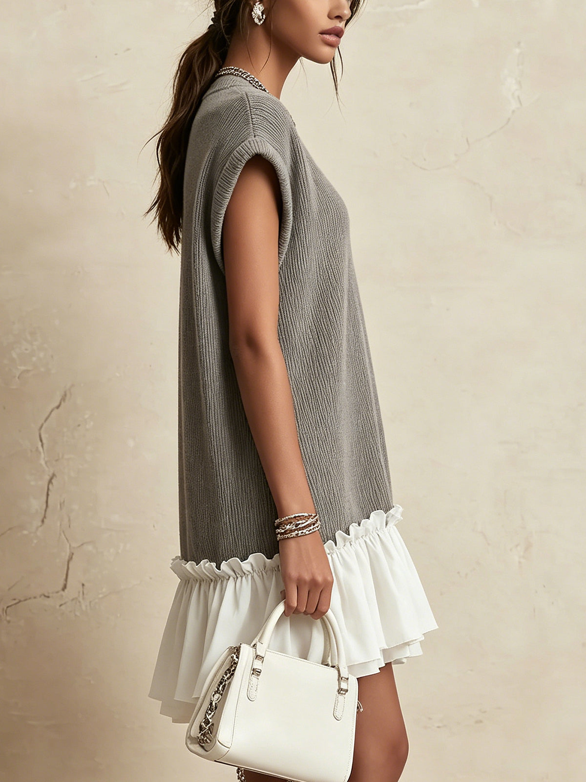 Gray Knit Mini Dress With White Ruffled Hem