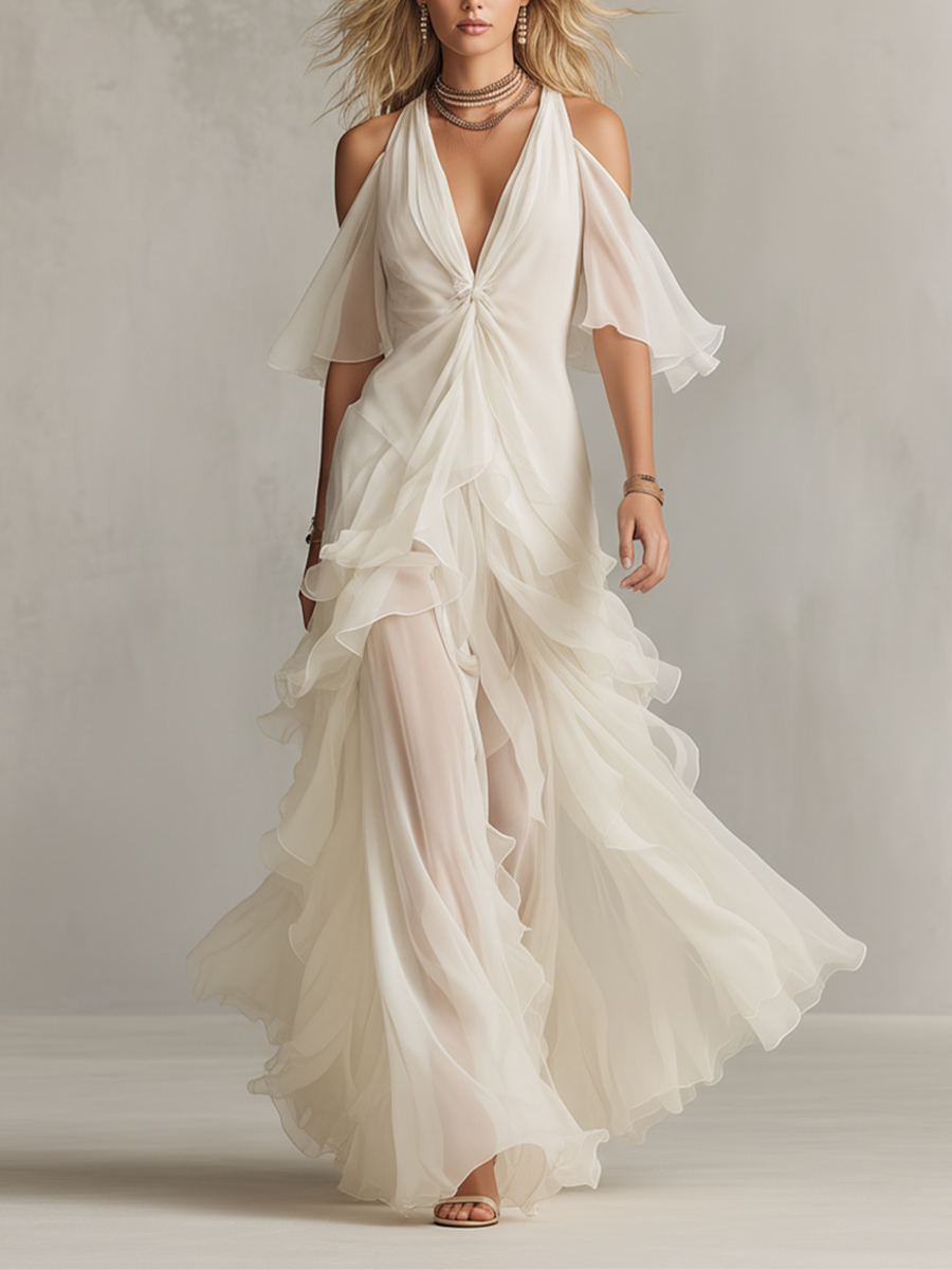 Women's Ivory Chiffon Dress With Twisted Bodice & Cold-Shoulder Sleeves, Timeless Romantic-Elegant Style Dress MDZ2783B3I