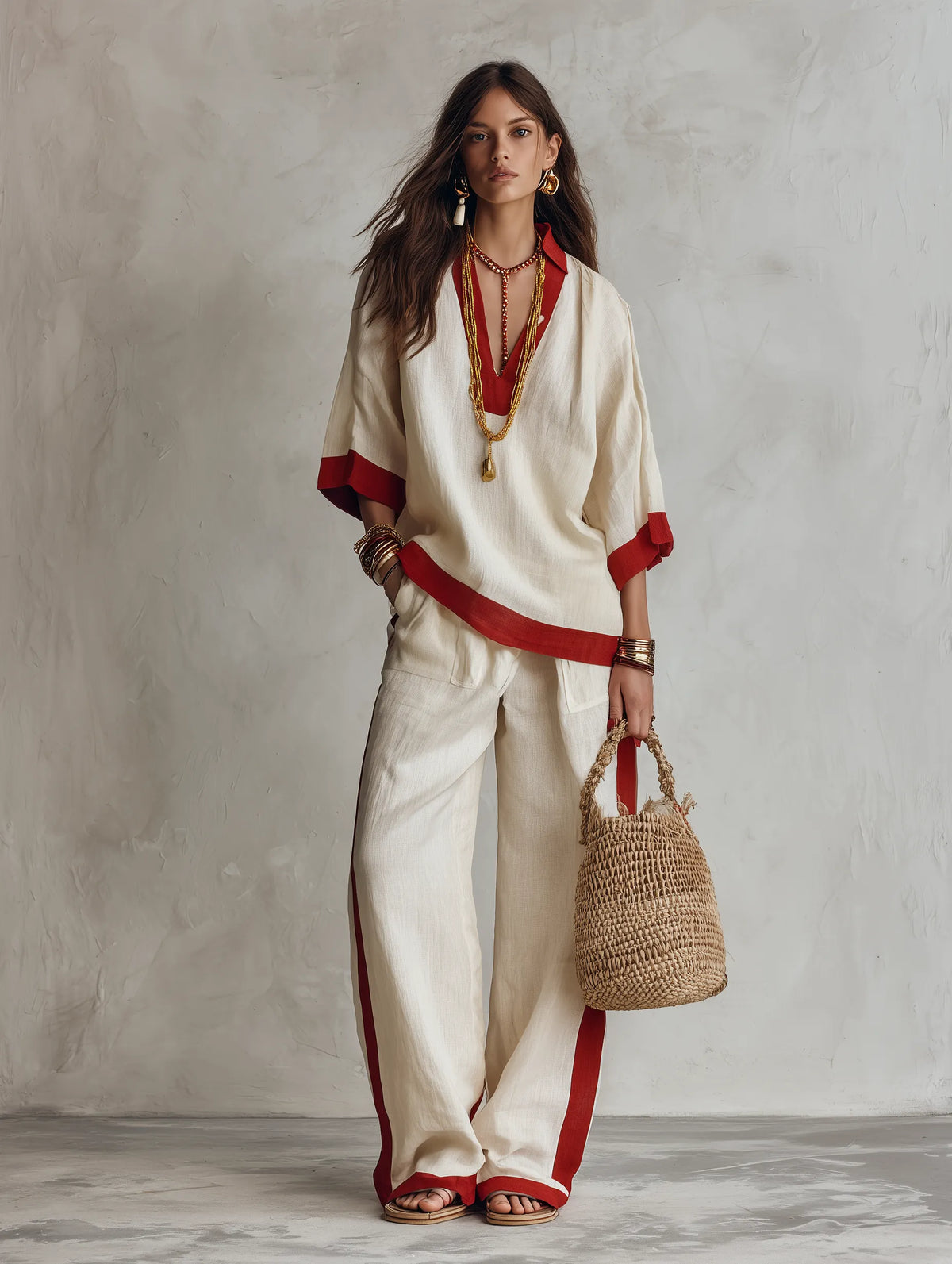 Minimalist Chic Textured Linen Red-Trim Oversized Off-White Palazzo Set