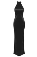 Halter Pearl Backless Maxi Dress Black