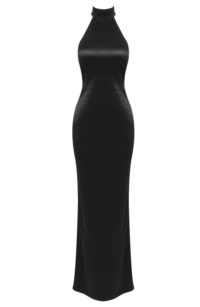 Halter Pearl Backless Maxi Dress Black