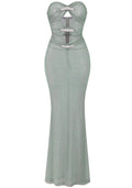 Strapless Crystal Bow Sparkly Maxi Dress Green