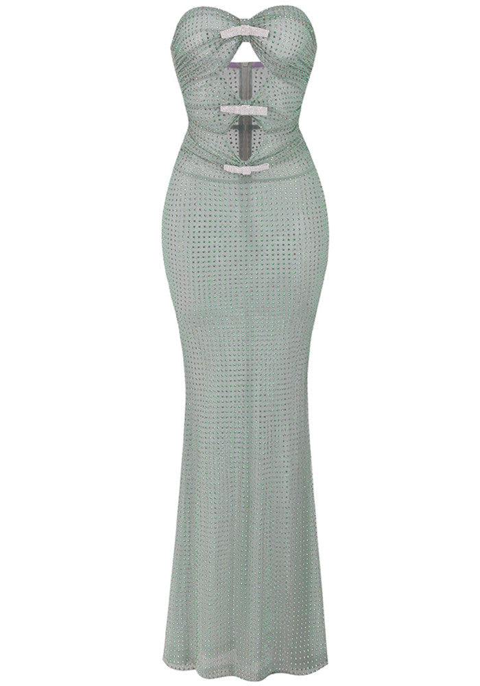 Strapless Crystal Bow Sparkly Maxi Dress Green