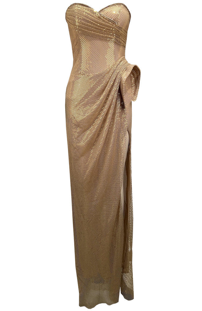Strapless Draped Sparkly Maxi Dress Light Brown