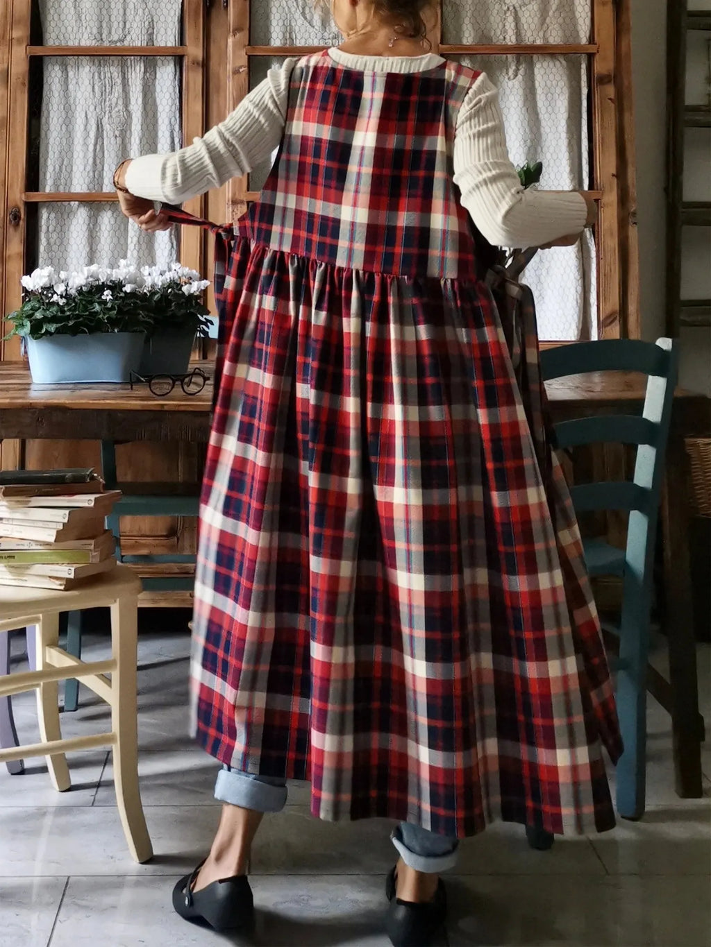 Red and Blue Tartan Cotton Kitchen Apron