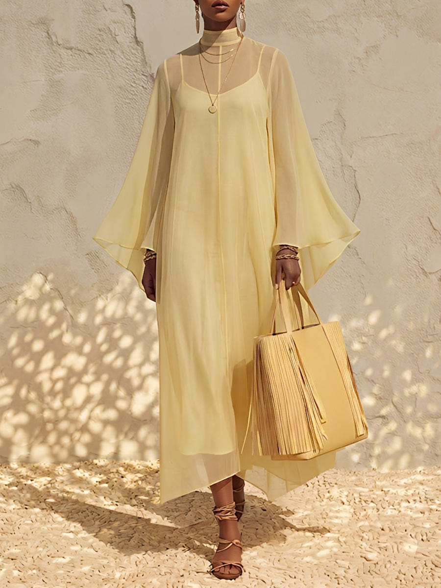 Women's Pale Yellow Sheer Chiffon Maxi Dress With Mock Neck Bell Flare Sleeves & Inner Slip Camisole, Minimalist Boho Resort Flowy Maxi Dress MDZ0287G2LYL