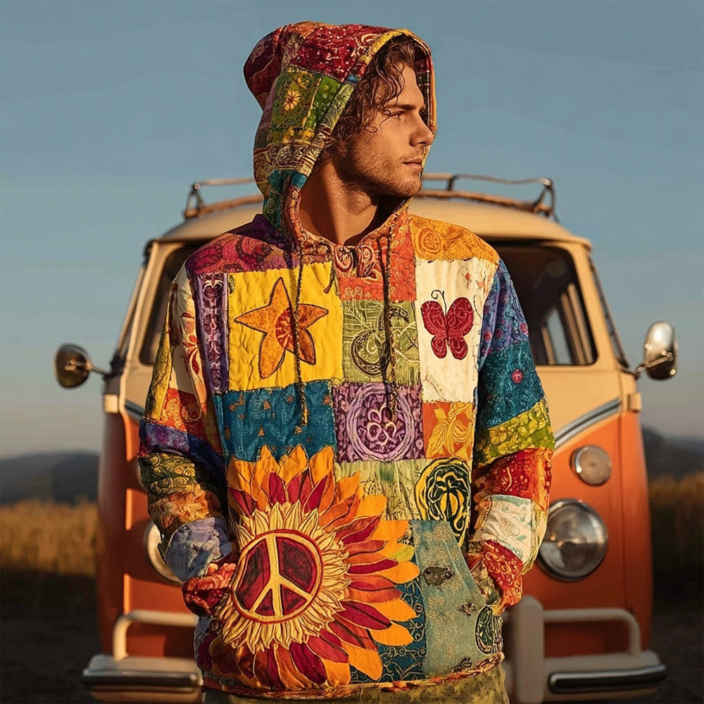 Men's Vintage Hippie Peace Sign Patchwork Cozy Hoodie