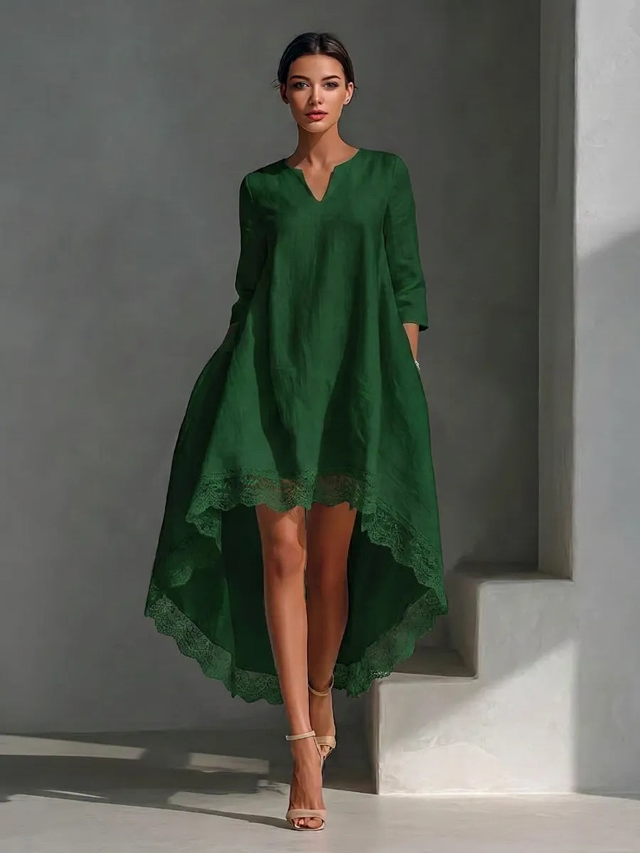 Women's Forest Green Cotton-linen Blend Lace Trim High Low Hem V Neck Three Quarter Sleeve Loose Dress MDZ0784G0YZJ