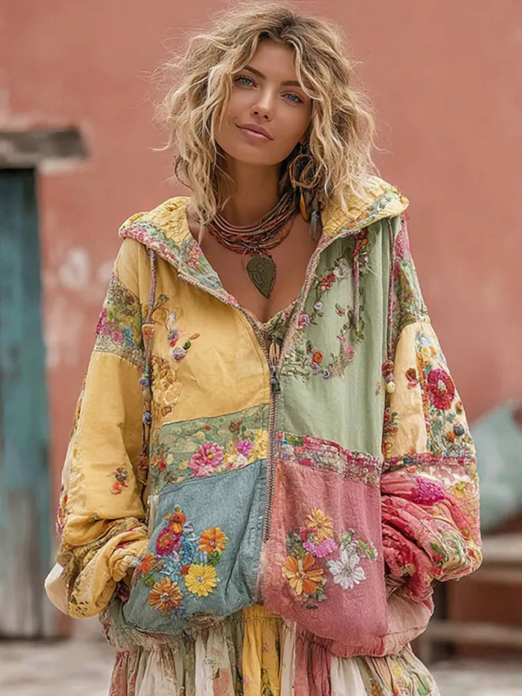 Women's Flower Embroidery Macaroon Color Patchwork Art Casual Zipper Hoodie