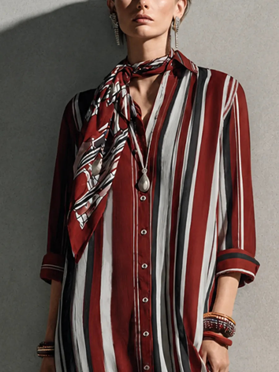 Women's Retro Casual Burgundy Cotton Blend Collared Three-Quarter Sleeve Color-Blocked Vertical Striped Long Shirt Dress MDZ0644G8GMJ