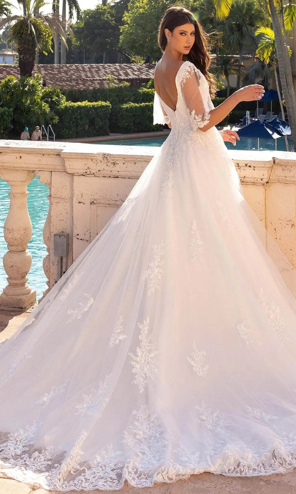 Primavera Bridal 11134 - Plunging Neck Flutter Sleeve Bridal Dress