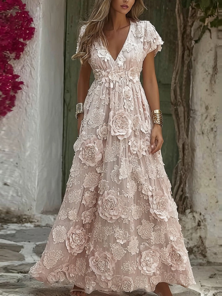 Retro Boho  Floral Lace Embroidered Cozy Linen Maxi Dress