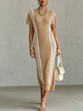 Khaki Ribbed Knit Maxi Dress With Contrast Lace Patchwork