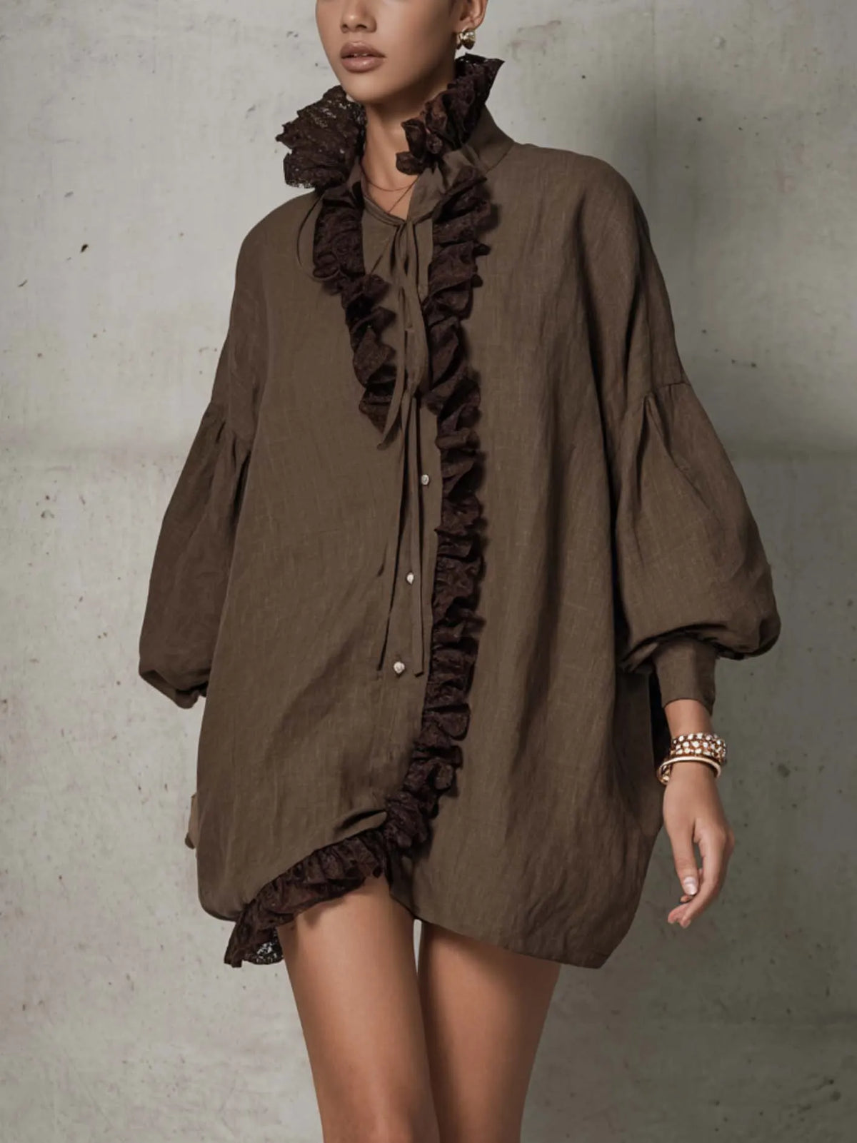 Oversized Lace Ruffle Trim Balloon Sleeve Linen Shirt Dress