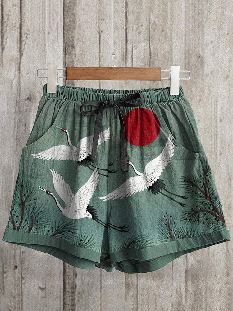 Women's Crane Japanese Art Loose Casual Short Pants