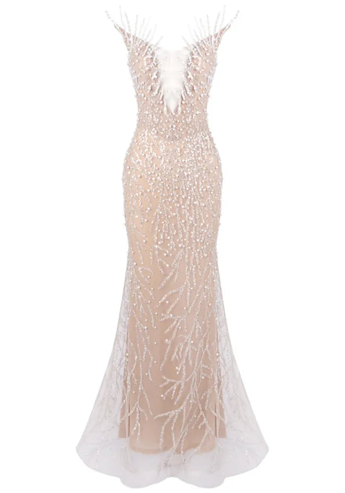 Strapless Crystal Pearl Sequin Maxi Dress Nude