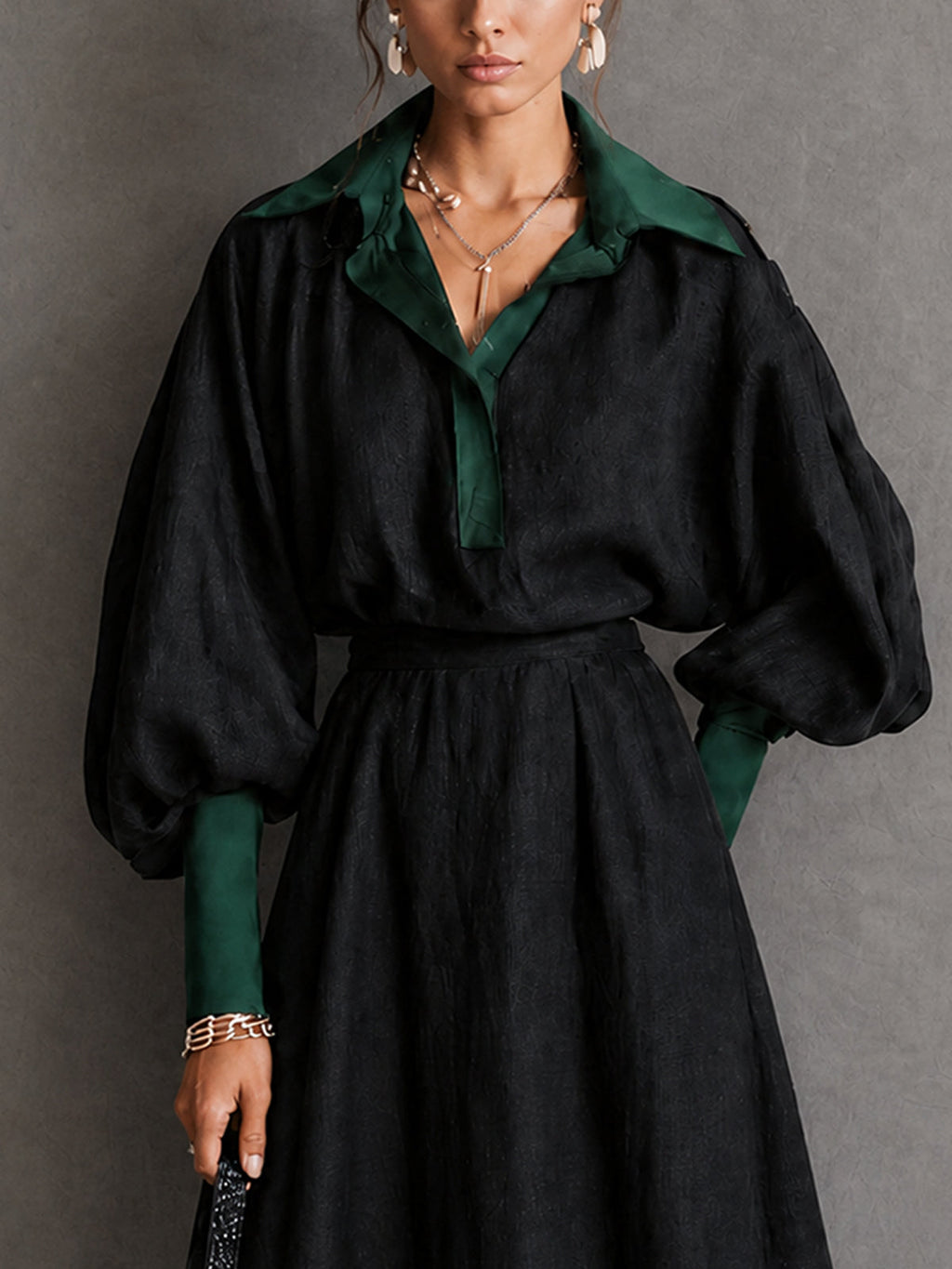 Contrast Collar Puff Sleeve Lace Hem Maxi Dress Set