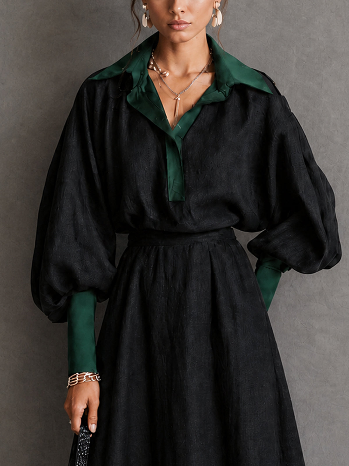 Contrast Collar Puff Sleeve Lace Hem Maxi Dress Set