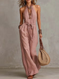 Bohemian Keyhole Halter Neck Cotton-Linen Jumpsuit