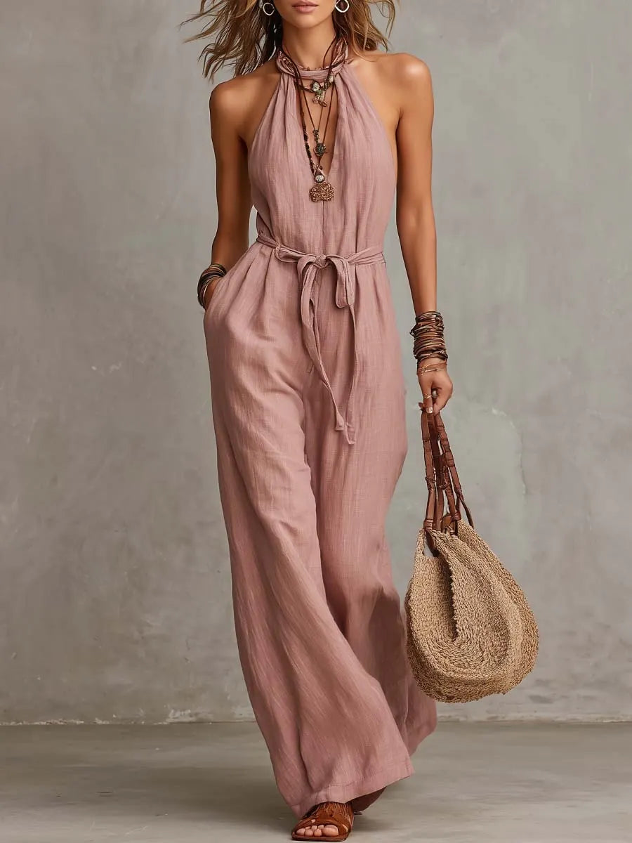 Bohemian Keyhole Halter Neck Cotton-Linen Jumpsuit