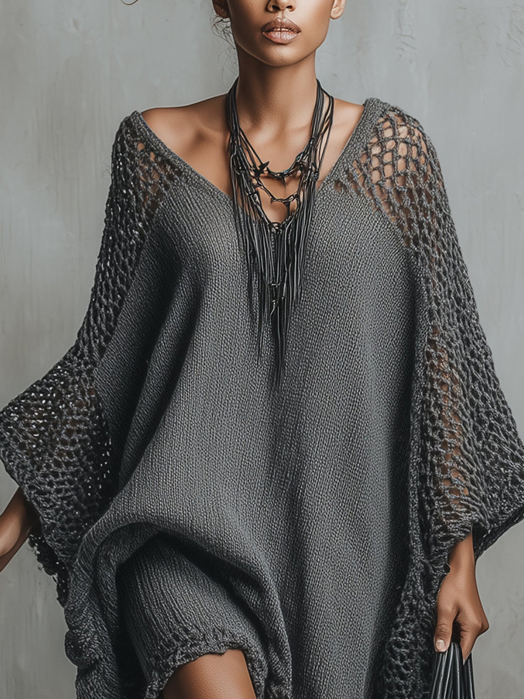 Gray Oversized Open Knit Midi Dress