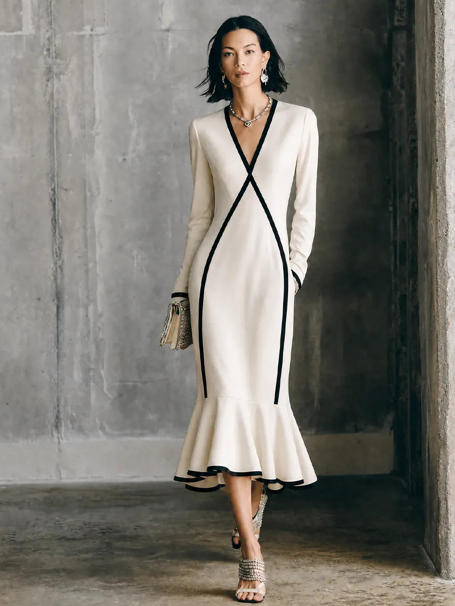 Women's Luxury Commuter Off White Cotton Blend V Neck Contrast Binding Flared Long Sleeve Midi Dress MDZ1529G7GMJ
