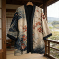 Japanese Flowers And Waves Art Linen Blend Kimono Cardigan