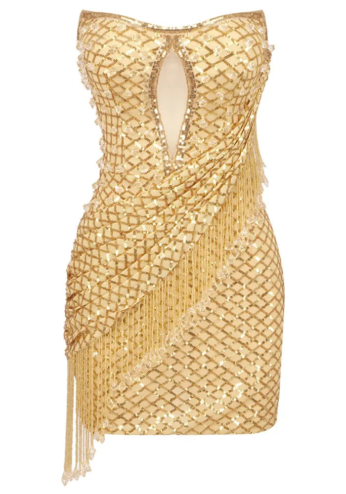 Strapless Sequin Tassel Dress Gold