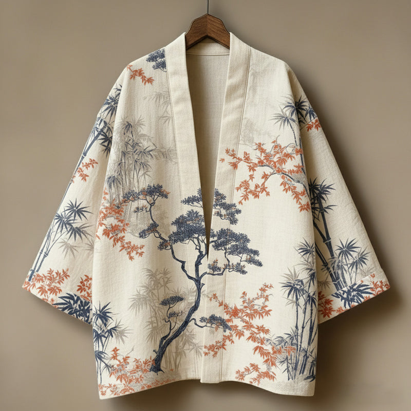 Men's Retro Japanese Tree And Bamboo Print Linen Kimono Cardigan