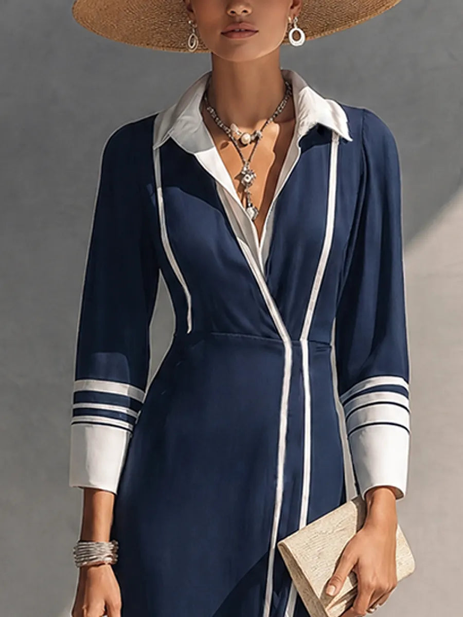 Women's Affordable Luxury Navy Cotton Blend Contrast Color Collar 3/4 Sleeve Side Slit Knit Dress MDZ0210G4GMJ
