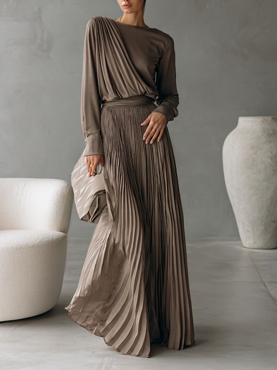 Women's Taupe Two-Piece Set With Draped Wrap Long Sleeve Top & High Waist Pleated Maxi Skirt, Minimalist Elegant Formal Matching Outfit MDZ1356G3LYL