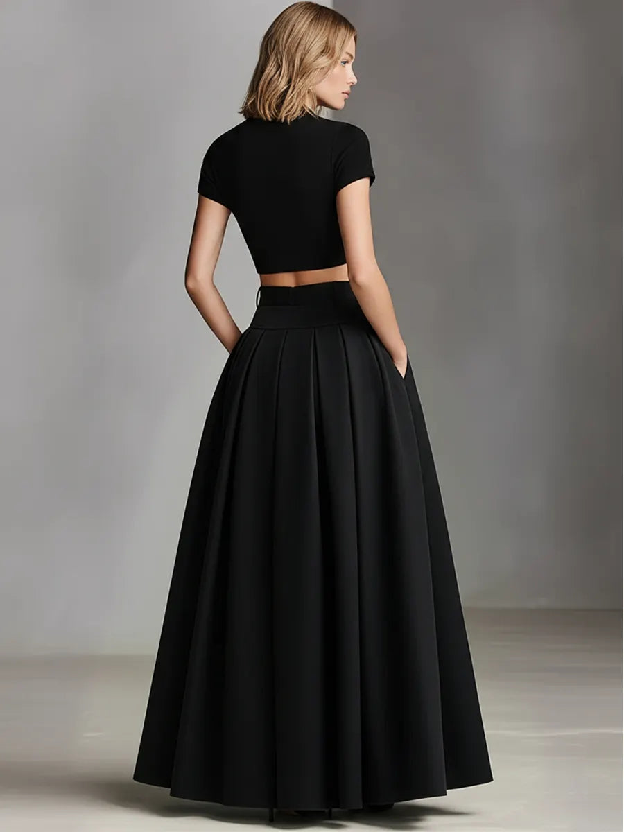 Women's Black Stretch-Knit & Woven Set With Cropped Top & Maxi Dress, Timeless Sleek-Chic Style Set (without Belt) MDZ1412A1I